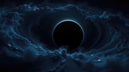 A black hole's event horizon casts an eerie glow in the darkness of space, surrounded by swirling matter and energy, event horizon, distant star, gravitational pull
