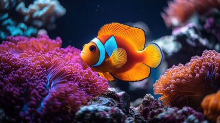 A vibrant orange and white clownfish swims among colorful coral in a tropical reef