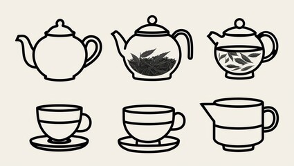 Simple Line Art Illustration of Tea Brewing Process Teapot Teacup and Creamer