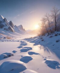 A blanket of snow gently falls over the frozen landscape, casting a serene and peaceful ambiance, snowy hills, gentle flakes