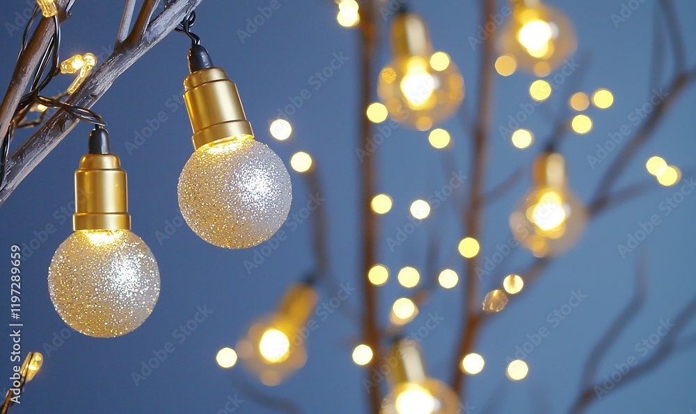 Poster glittering string lights on branches against a blue backdrop create a festive atmosphere