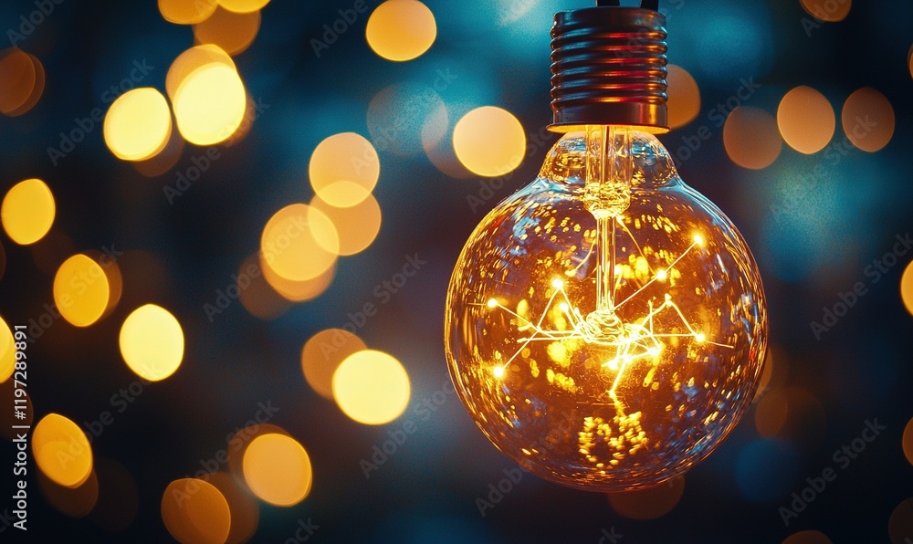 Poster glowing lightbulb with intricate filament against bokeh background, ideal for innovation concepts