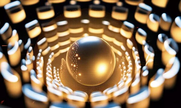 A 3D glowing sphere continuously grows and morphs, with tiny data packets (dots or lines) flowing into it. The sphere symbolizes centralized data storage, 4k Animation Video