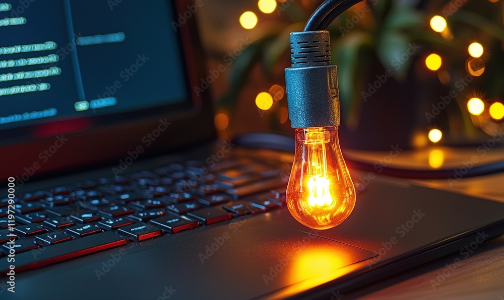 Poster glowing lightbulb over laptop keyboard, coding on screen, cozy home office setup with festive lights