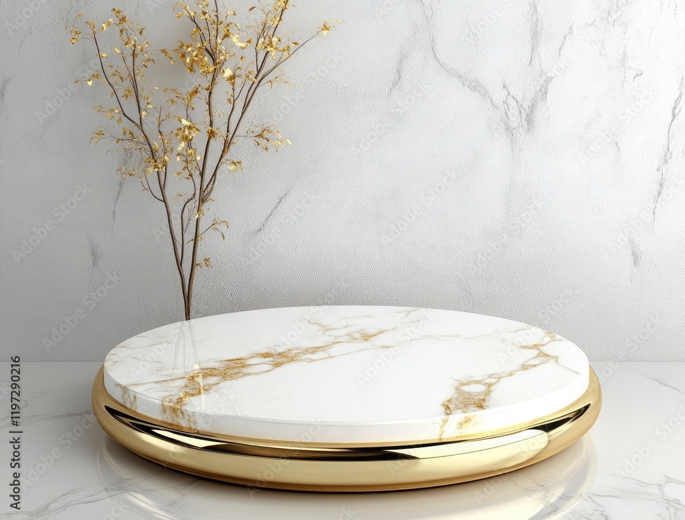 Poster 3d rendering of a white and gold podium scene background with a geometric platform for product displ