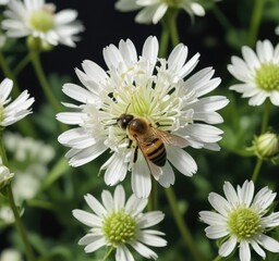 Obraz premium A honey bee drinking nectar from the center of a white clover flower, bees, flowers
