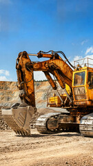A large yellow excavator is actively digging and moving earth at a construction site. Concepts mining, deposits, profit, economy, earthworks, transport, cargo, labor,