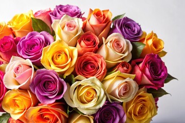 Obraz premium A bouquet of assorted colorful roses in various shades of pink, yellow, orange, and purple, arranged artfully on a white background, roses, purple, flowers