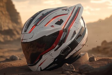 Fototapeta premium A minimalist concept of a broken helmet lying on the ground, with simple, sharp lines and muted colors
