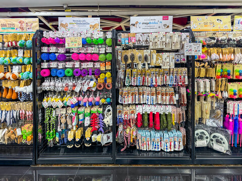 Bangkok Thailand - 11 Jan 2025: Many types of pet toys on shelves in the Daiso shop in Bangkok