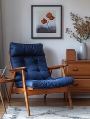 cozy interior with blue chairs and green elements	
