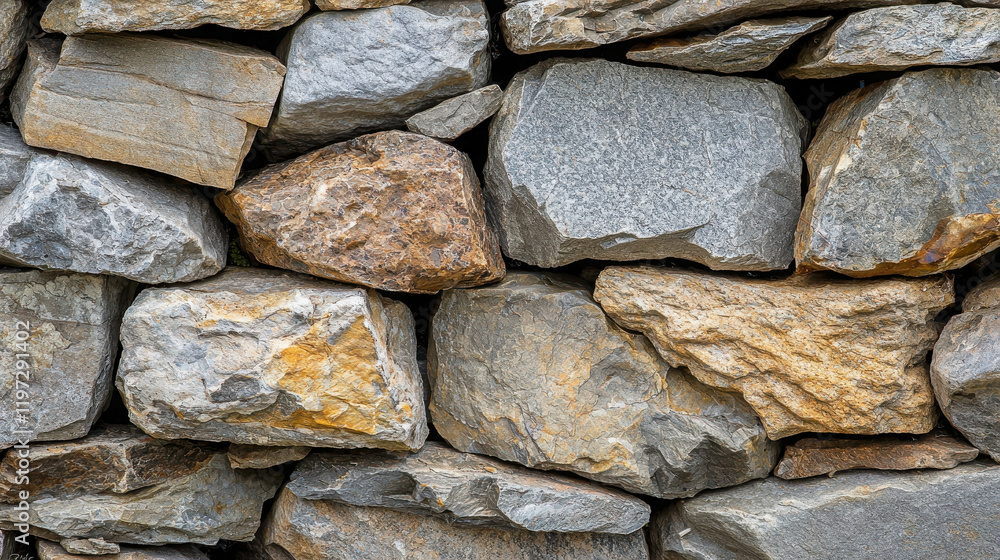 Poster close-up view of irregularly shaped stone wall textures and patterns in natural setting