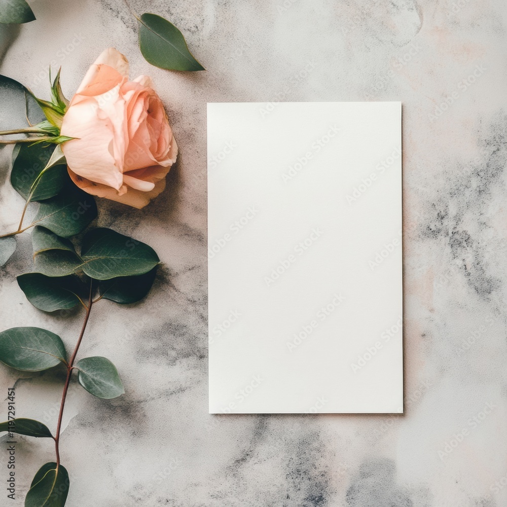 Poster elegant blank card positioned beside a soft pink rose and greenery on a marble surface. generative a