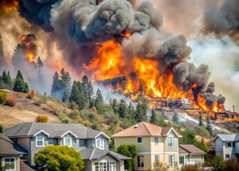 Fototapeta premium Raging Wildfire Threatens Forested Hillside and Nearby Homes – Intense Flames and Smoke in Dramatic Natural Disaster Scene.