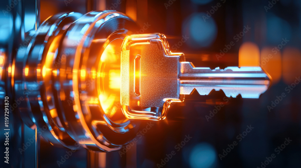 Poster digital key unlocking secure lock with glowing light