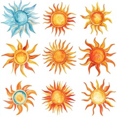 Collection of Hand-Painted Watercolor Sun Illustrations on White Background, Uniquely Bright and Warm, Ideal for Decorative Prints
