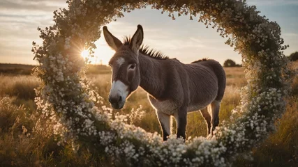  A donkey stands framed by a floral wreath during sunset in a serene field. © Euis