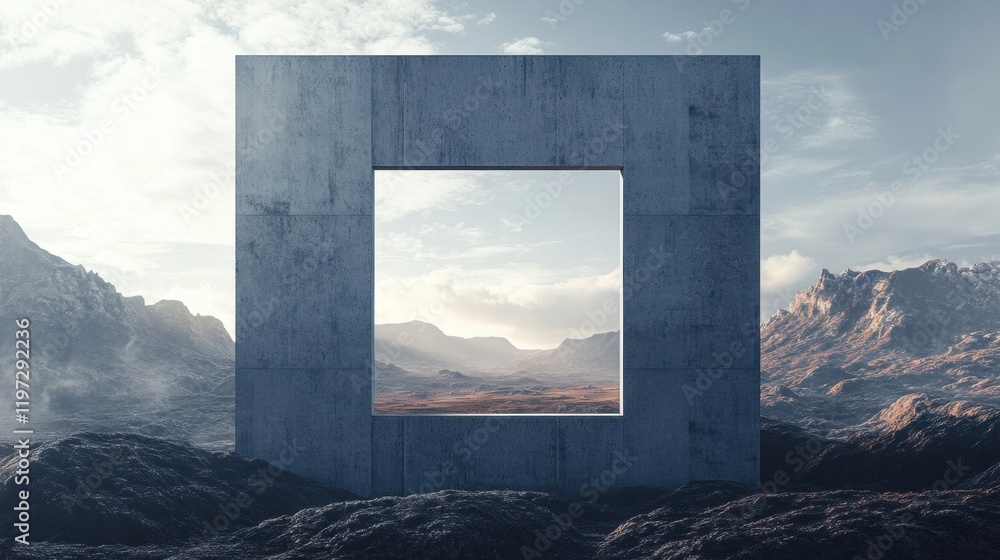 Aufkleber Open framed structure in an expansive landscape during a cloudy day with mountains in the background. Generative AI