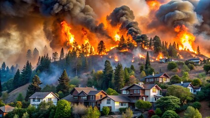 Raging Wildfire Threatens Forested Hillside and Nearby Homes – Intense Flames and Smoke in Dramatic Natural Disaster Scene.