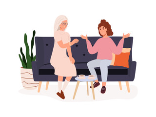 Coaching or therapeutic session. An experienced adult woman helps a young girl to solve her problems. People are sitting on a couch and talking. Vector illustration on white background