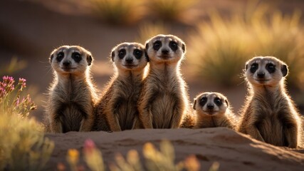 Fototapeta premium A group of meerkats standing together in a desert landscape during sunset.