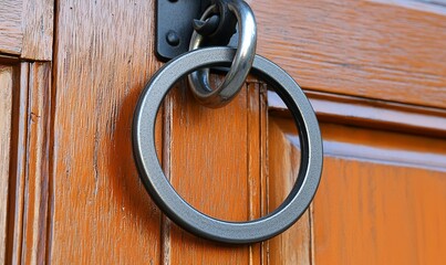 Metal ring door handle on a wooden door, close-up