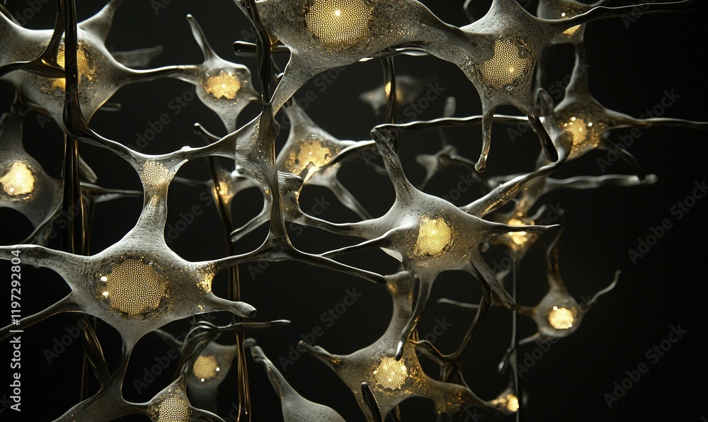 Poster microscopic view of active neurons firing signals in the brain, ideal for science projects