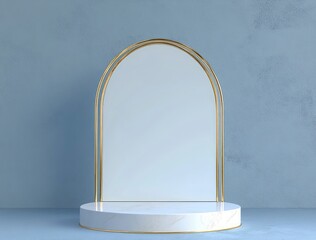3D rendering of a white podium with a golden arch and a geometric ball background for product display presentation.