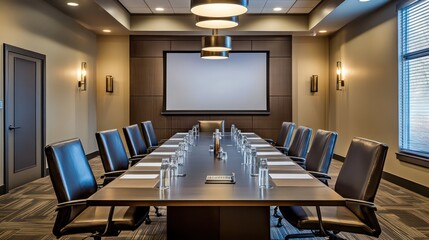 Modern boardroom with data visualization screen – futuristic corporate meeting space