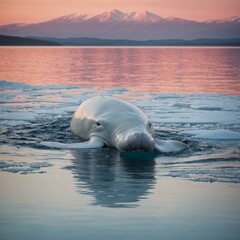 A Beluga whale playfully surfacing in a tranquil bay with floating ice and a pastel sunset.