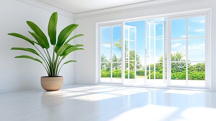 Bright Room  Tropical Plant  Open French Doors  Sunny Garden View