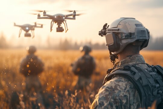 A modern battlefield view of soldiers coordinating with drones and robotic units to execute a strategic assault