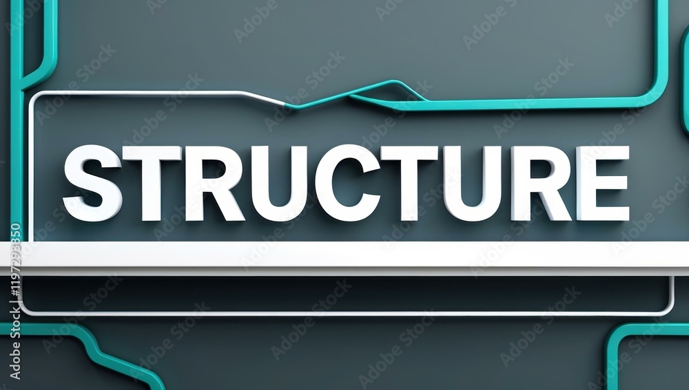 Poster structure text title in center and plan design link base line framework in dark gray teal white colo