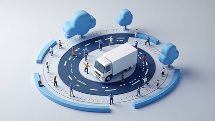White delivery truck driving on circular highway with blue trees and pedestrians, efficient logistics concept for transportation, business, urban environment, modern technology background design