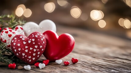 Obraz premium Valentines day background with red and white hearts. Copy Space 