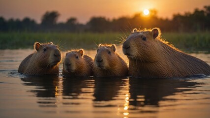 A family of capybaras swimming in a serene sunset setting.