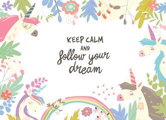 Cute magic frame composed of unicorns and flowers. Vector illustration