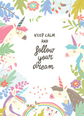 Cute magic frame composed of unicorns and flowers. Vector illustration