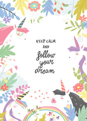 Cute magic frame composed of unicorns and flowers. Vector illustration