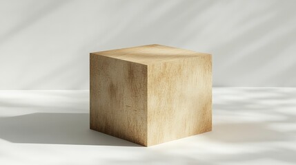 3D rendering of a wooden cube podium on a white background with a soft shadow and light for displaying a product or design mock-up, an abstract minimal concept. Stock photo. 
