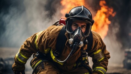 Fototapeta premium An intense portrait of a firefighter battling flames, wearing a fire-resistant suit and helmet, smoke and fire in the background, heroic atmosphere