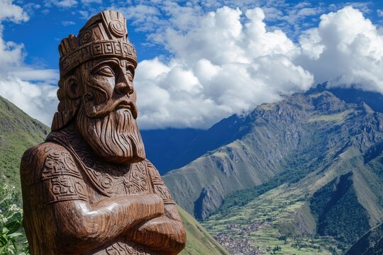 Manco Inca Statue Against Dramatic Cloudy Sky: A Majestic Sculpture of Religion Amidst Mountainous Landscape