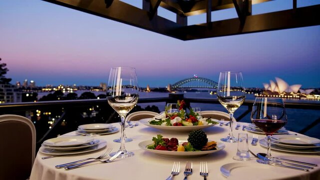 savoring exquisite food and wine while overlooking iconic Sydney Harbour, dining with a panoramic view with sun casting a golden glow over cityscape