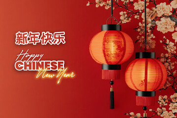 Happy Chinese New Year Red Lanterns Blossoms Festive Background