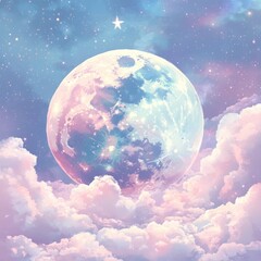 Serene Lunar Phase: Pastel-Hued Moon in a Dreamy Cosmic Background