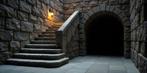 Fototapeta premium Stone staircase leading to a shadowy arched passageway within an ancient stone structure