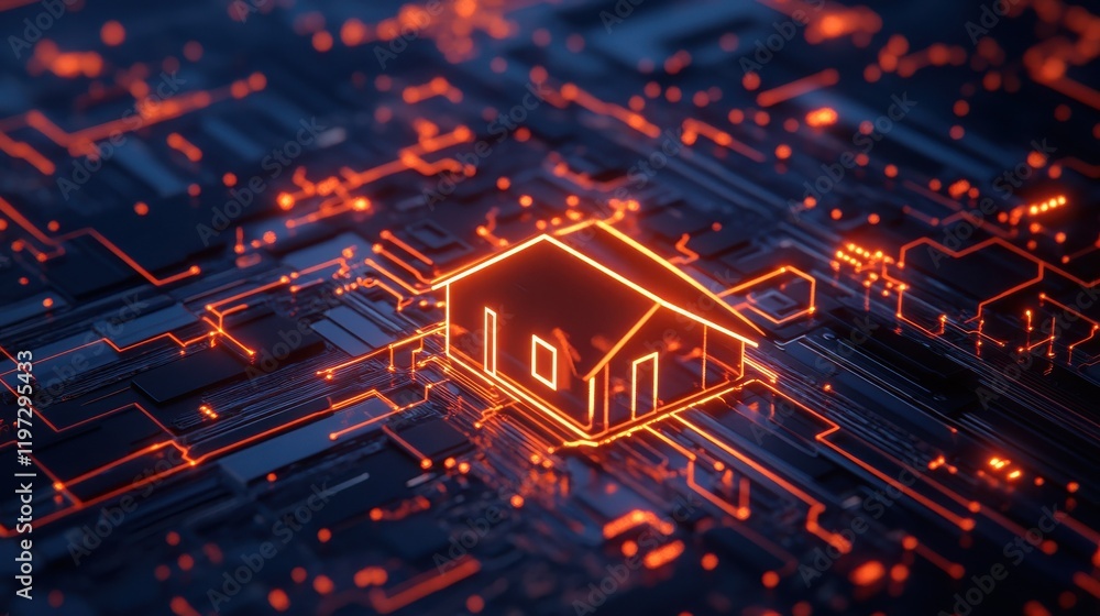 Fototapete smart system management and smart home technologies concept with glowing digital home icon surrounde