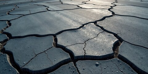 Arid Landscape  Cracked Earth Surface Texture Showing Deep Fissures and Geometric Patterns Under Sunlight