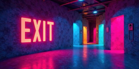 Neon Exit Sign Illuminates a Colorful Corridor with Glowing Walls and Doors