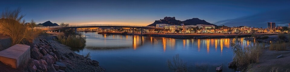 Breathtaking Panoramic View of Mill Avenue Bridge at Dawn in Tempe, Arizona, Showcasing the River and City Skyline Near Phoenix